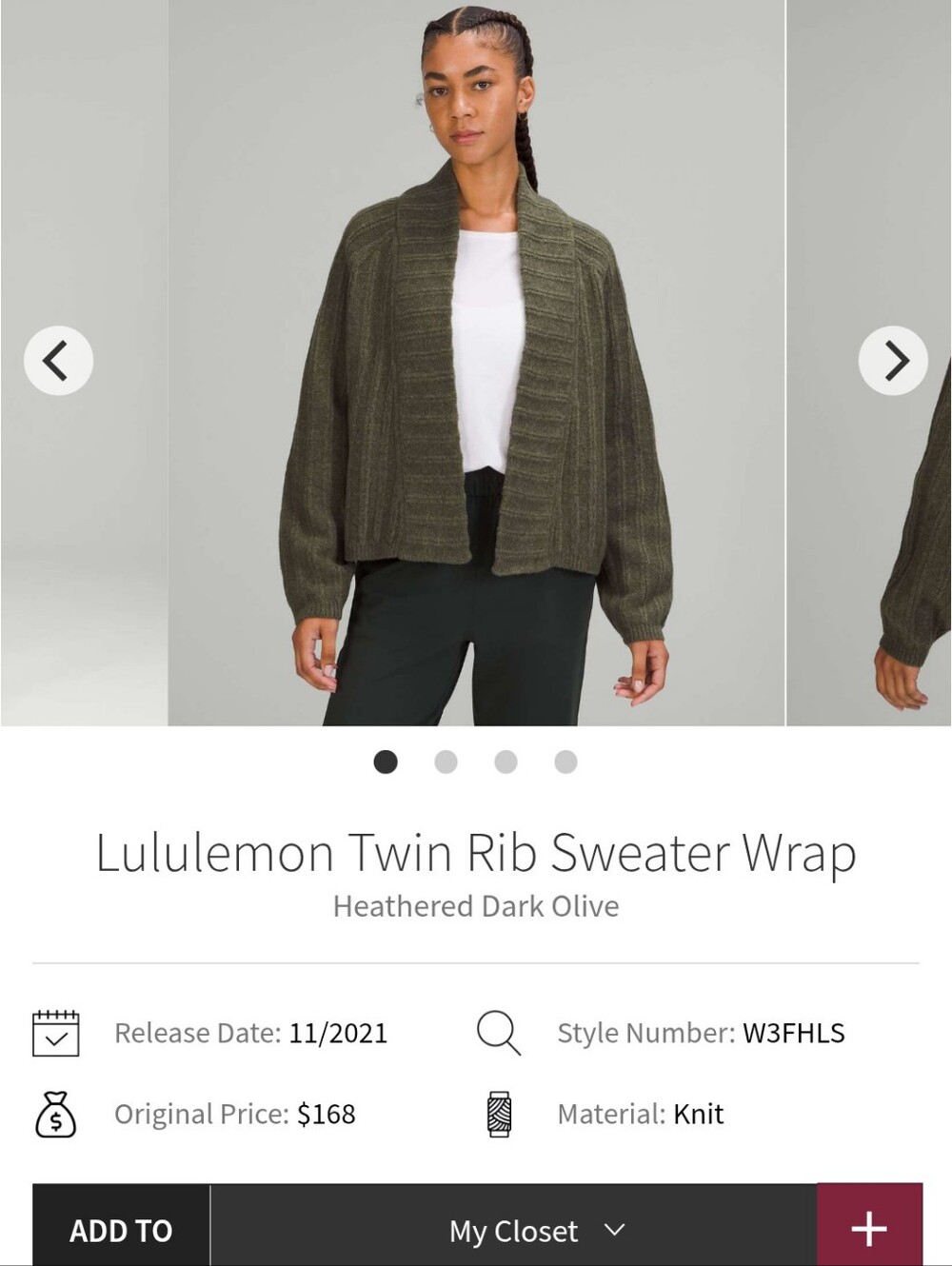 lululemon Twin Ribbed Sweater Wrap Dark Olive